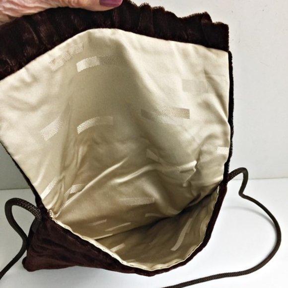 Vintage Handmade Evening Purse Brown Cut Velvet Shoulder Bag Ecru Lining Party - Picture 3 of 5